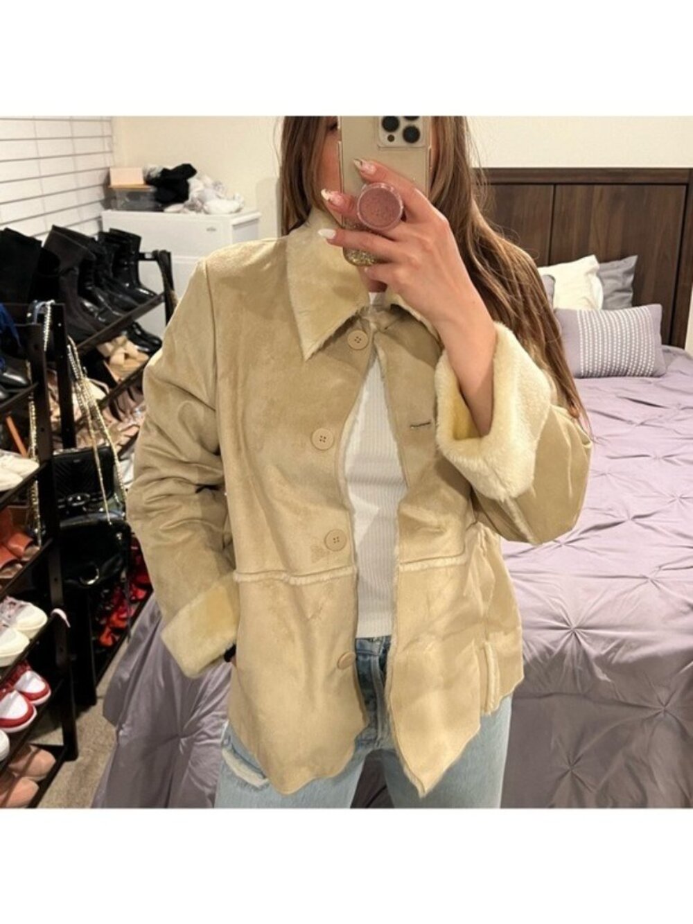 Oversized Soft Faux Suede Shearling Coat Cream Beige Size Medium Western Boho